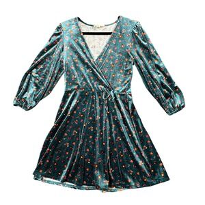 Bebop Teal Floral Velvet Faux Wrap Mini Dress Whimsigoth Boho Indie M